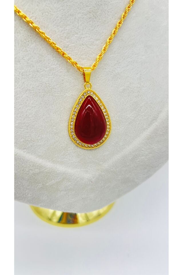 Damla Model Altın Kaplama Kolye - Bordo