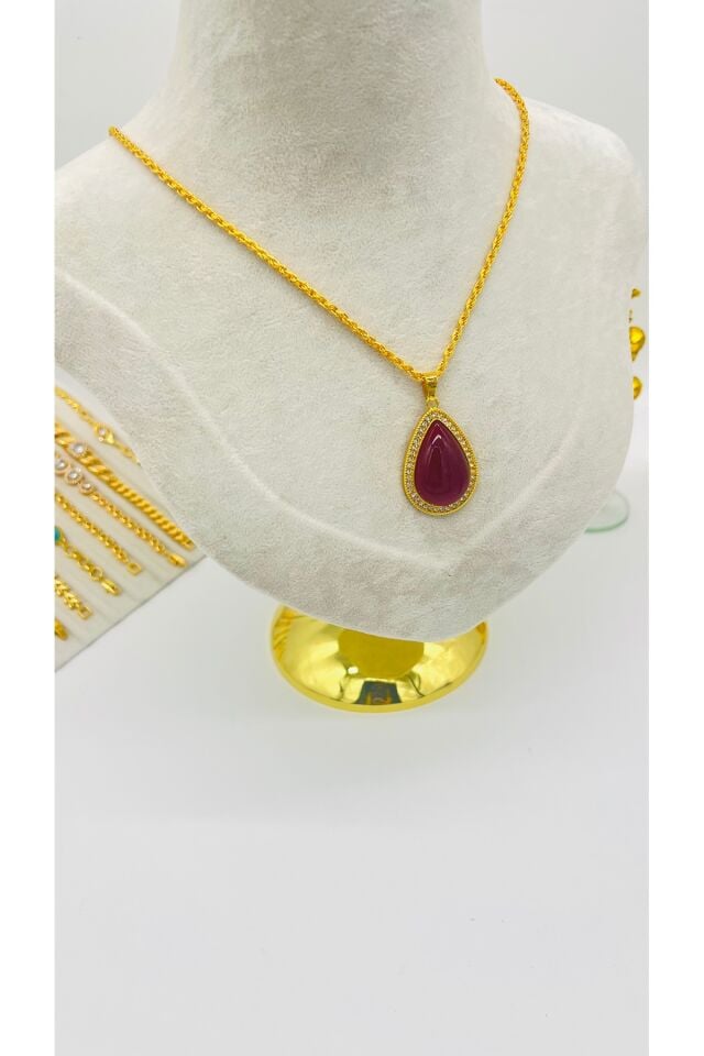Damla Model Altın Kaplama Kolye - Bordo