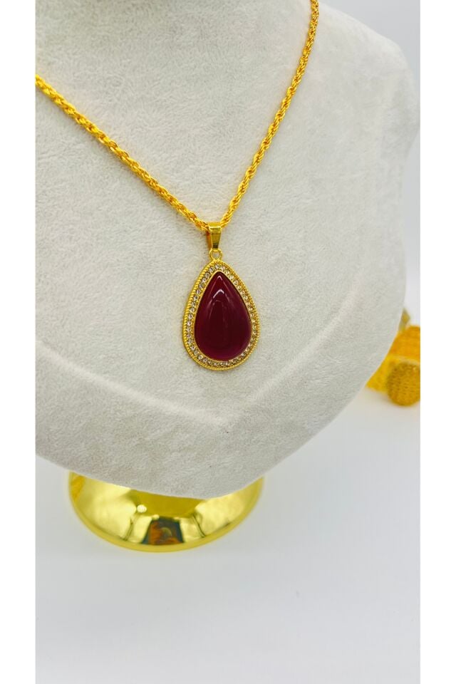 Damla Model Altın Kaplama Kolye - Bordo