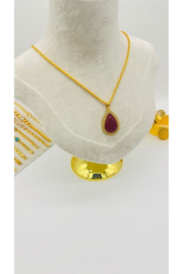 Damla Model Altın Kaplama Kolye - Bordo
