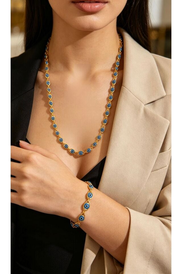Nazar Kuyumcu Model Kolye ve Bileklik Seti - Mavi - Model 3